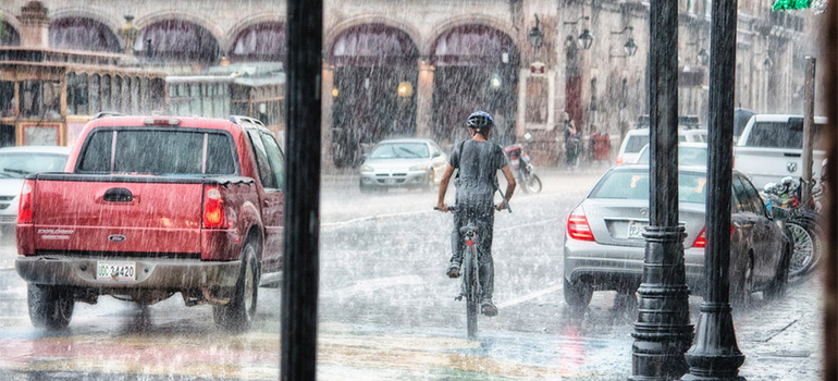 Heavy rain in a city.